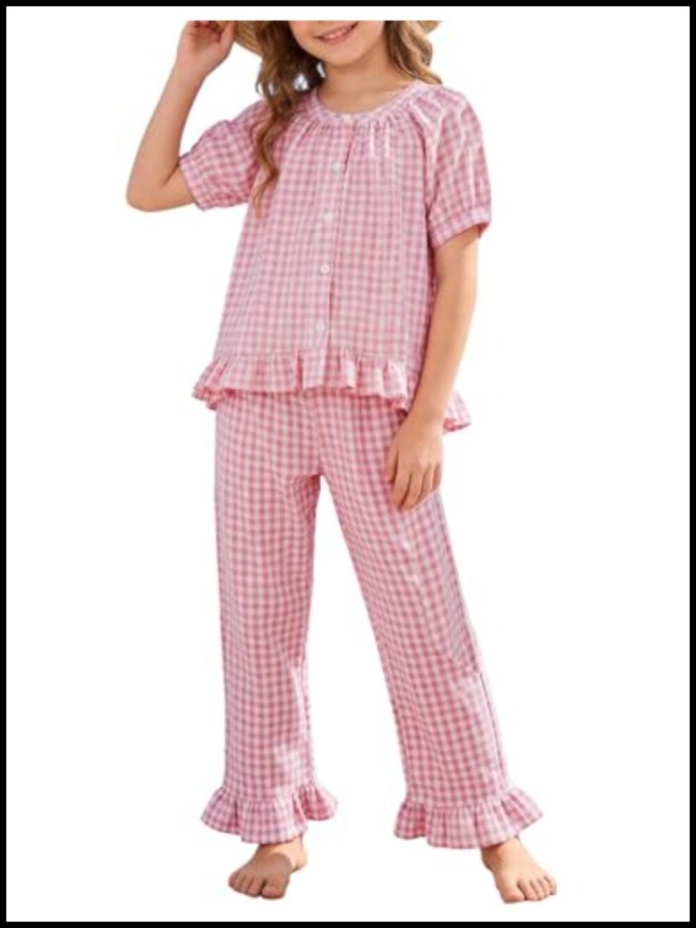 Girls 2 Piece Outfit 100% Cotton Ruffle Gingham Top & Pants Set